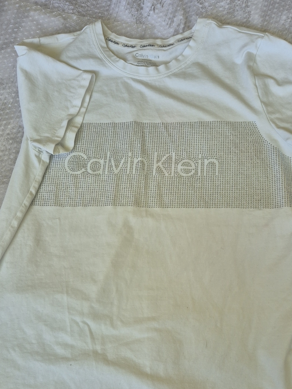 Calvin Klein White Tee with Rhinestone Logo Panel